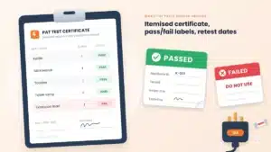 PAT testing certificate showing appliance pass and fail results